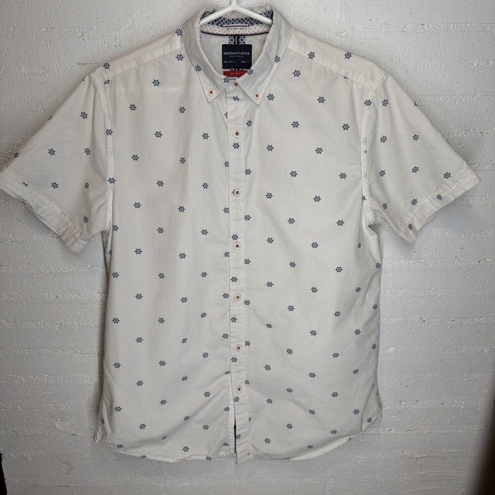 Denim & Flower by Ricky Sing Men Slim Fit Nautical Short Sleeve Button-Down Med